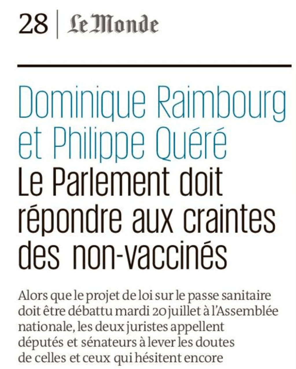Le Monde / Passe sanitaire : « Le Parlement se doit de répondre aux appréhensions des non-vaccinés&nbsp;»